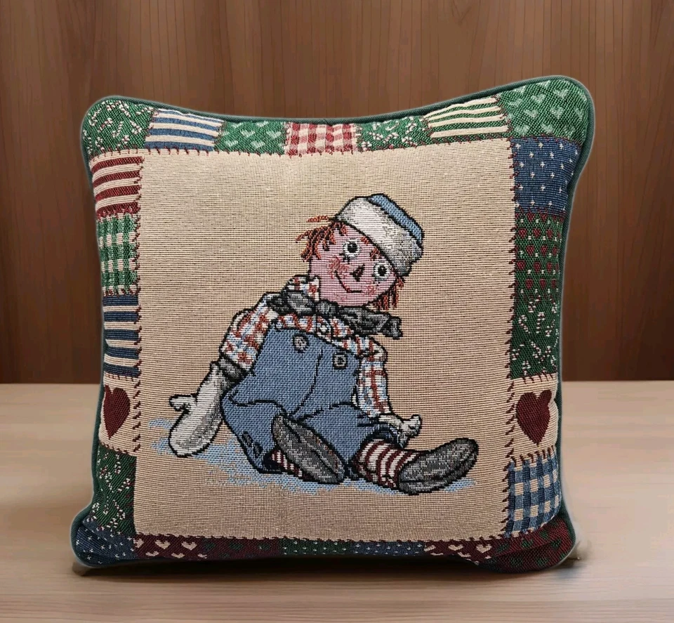 Vintage 90s Raggedy Andy Doll Tapestry Style Throw Pillow Green Cabin 12x12 - Image 1 of 4
