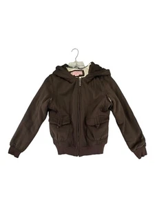 Chaqueta con capucha para mujeres o niñas talla M marrón aislada con cremallera cierre completo costilla puños de punto - Imagen 1 de 18