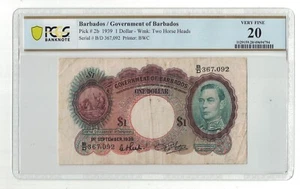 Barbados - 1939 One Dollar Banknote (P-2b - PCGS Very Fine 20) - Picture 1 of 2