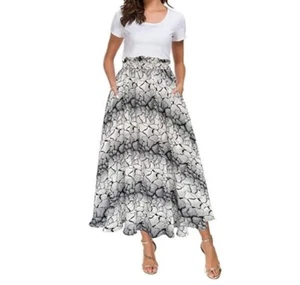 NWT Afibi Women High Waist White Black Swing Chiffon Beach Midi Lined Long Skirt - Picture 1 of 1