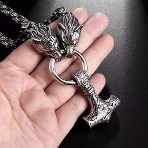 EDELSTAHL *** XXL Wikinger Anhänger keltisch Thor Hammer Mjölnir, Fenrir Kette - Bild 1 von 12
