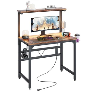 TREETALK Gaming Desk with Power Outlets & LED Strip Lights80CM Industrial Wri... - Picture 1 of 9