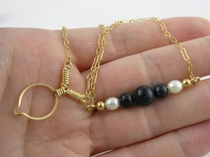 Vintage goldfarbenes unmarkiertes Metall Fußkettchen Armband mit blauen Goldstein Kunstperlen - Bild 1 von 24