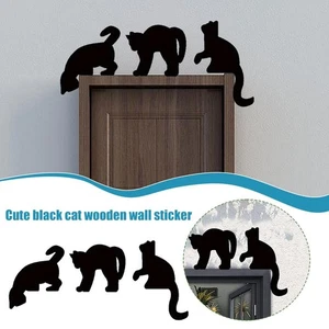 3X Halloween Cute Black Cat Wooden Wall Stickers U4S0 - Zdjęcie 1 z 10