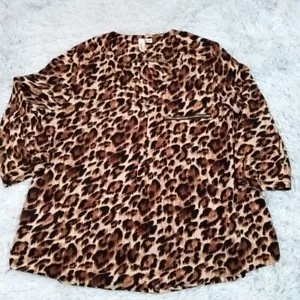 Tacera Womens Shirt Blouse Brown XL Animal Cheetah Print Zip Faux Pocket Top - Picture 1 of 10