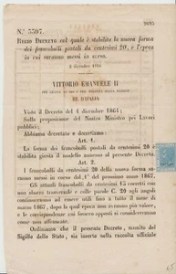 1867 Regno Vitt Em. II 20 c azzurro n° 26T SAGGIO su Regio Decreto - Picture 1 of 1