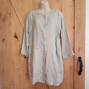 Eileen Fisher Organic Linen Jacket Long Button Front Pockets Striped M Beige - Picture 1 of 10