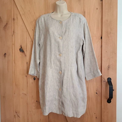 Eileen Fisher Organic Linen Jacket Long Button Front Pockets Striped M Beige - Image 1 of 4