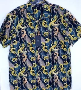 Level Ten-Mens Short Sleeve Button-Down Camp Shirt-Medium-Black/Gold-NEW w/Tags - Picture 1 of 9