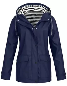 Women's Size 3XL Coat Navy Long Sleeve Hooded Rain Coat Wind Jacket Waterproof - Picture 1 of 8