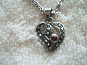Vintage Heart Pendant, Marked 925 FAS, Sterling Silver, Marcasite & Crystal - Picture 1 of 5