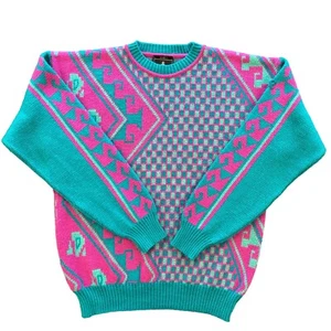 Vintage 90s Demetre Wool Sweater Mens Medium Green Pink 3D Geometric Colorblock - Picture 1 of 16