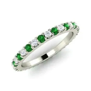 0.72 Ct Natural Emerald & Diamond Wedding Bridal Eternity Band 14K White Gold - Picture 1 of 5