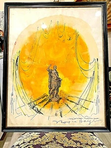 VINTAGE SIGNED ENGRAVING AND WATERCOLOR DESIGN FOR THE THEATER BACKROUND FRAMED - Picture 1 of 7