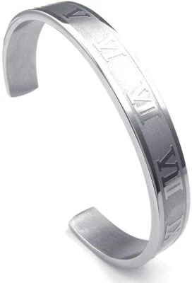 Bracelete de aço inoxidável punk aberto masculino feminino numeral romano - Imagem 1 de 4