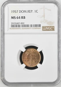 Dominican Republic 1 Centavo 1957 NGC GRADED MS 64 RB BRILLIANT UNCIRCULATED - Picture 1 of 2