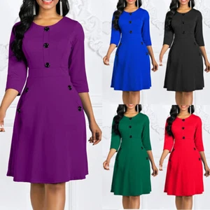 Damen-Kleid In A-Linie Mit 3/4-Ärmeln Midi-Kleid Für Arbeit Büro Party 〒 - Picture 1 of 15