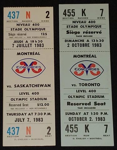 JULY/OCT, 1983 - MONTREAL CONCORDES - CFL - COMPLETE UNUSED TICKETS (2) ORIGINAL Cover