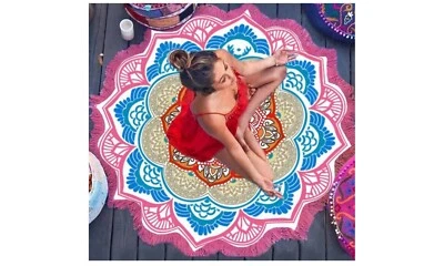 Round Boho Pink Fringed Beach Throw 60" - Image 1 of 2