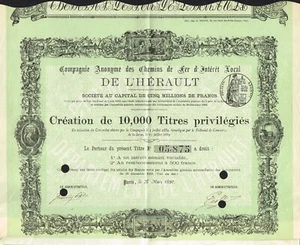 FRANCE  LOCAL RAILROADS OF HERAULT stock certificate/bond - Picture 1 of 1
