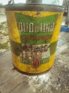 SCATOLA DI LATTA OLIO DI LINO COTTO PURO CATANIA "ORAZIO AIELLO"USATA DELL'EPOCA - Foto 1 di 23