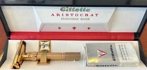 1961 Gillette ARISTOCRAT 22K Gold Slim Adjustable Vintage Safety Razor Set NEW - Picture 1 of 9