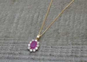 Elegant 9ct Yellow Gold Oval Cut Pink Natural Ruby & Cz Pendant & 18" Necklace - Picture 1 of 7