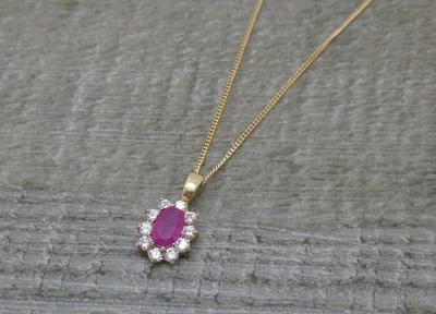 Elegant 9ct Yellow Gold Oval Cut Pink Natural Ruby & Cz Pendant & 18" Necklace - Image 1 of 4