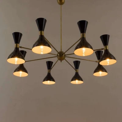 Diabolo Italian Brass Chandelier Stilnovo MidCentury 8Arm Ceiling Lamp Christmas - Image 1 of 4
