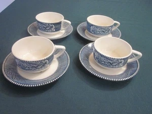 Royal China Currier Ives Blue White Tea Cup Saucer Sets 4 Excellent - Picture 1 of 5