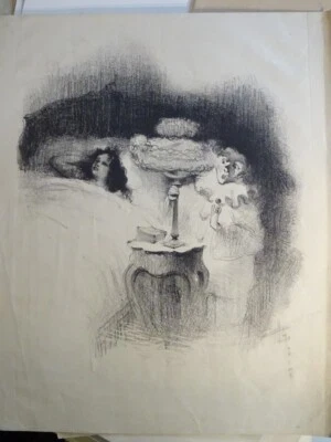 ent. STEINLEN / WILLETTE GRANDE LITHO FEMME ENDORMIE PIERROT BELLE EPOQUE SIGNEE - Photo 1/4