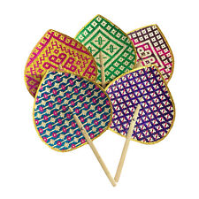 bamboo weave fan set5 gold fabric hem Bodhi shape cultural Thai gift souvenir