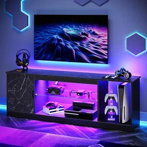 145cm LED Entertainment Unit with Storage Cabinets & Glass Shelves - NEW - Picture 1 of 7