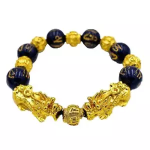 Bracciale Etnico Oro Sei Parole Ammonimento Fortunato Ossidiana Nera Feng Shui Pixiu - Foto 1 di 4