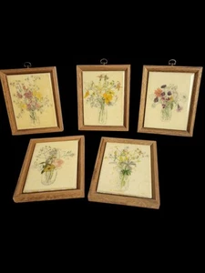 Vintage Mary Lou Goertzen Keramik Kunst Fliesen Lot/ 5 gerahmte Blumenvase botanisch - Bild 1 von 21