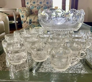 EAPG U.S. Glass MANHATTAN Punch Bowl Bulls Eye Tiffin Franciscan  24 Cups Ladle - Picture 1 of 10