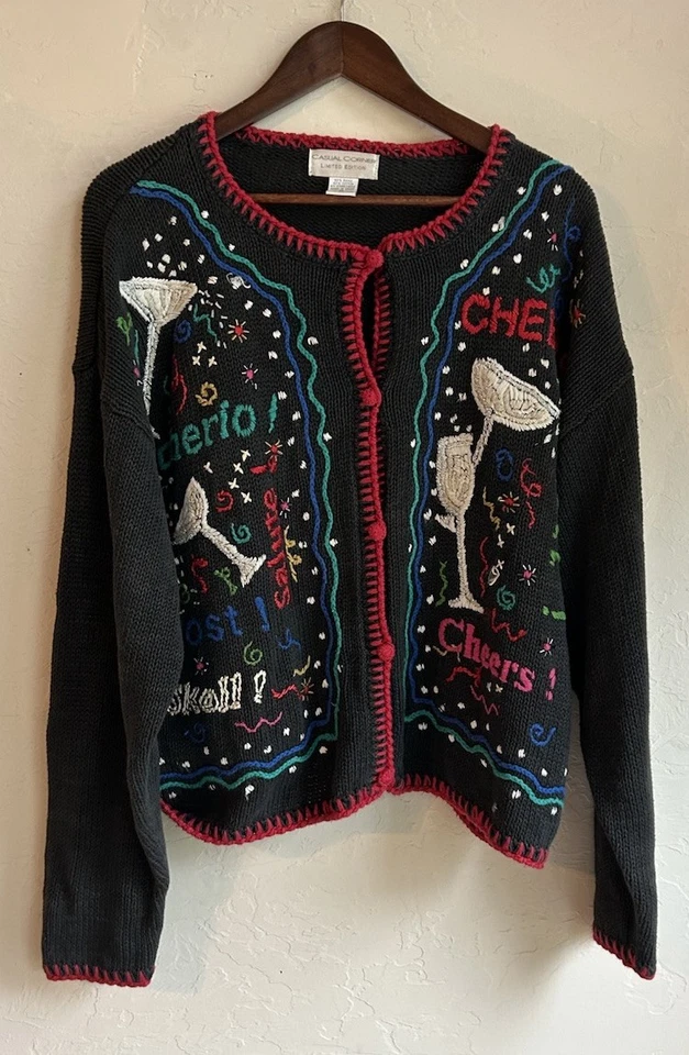 Cárdigan Suéter Vintage Informal Esquina Novedad XL Cuentas Año Nuevo Vacaciones Foto 1 de 4