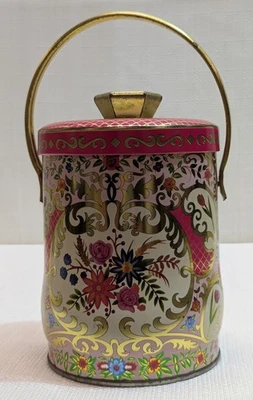 Vintage Murray Allen Candy Tin w/Lid & Handle, Pink Floral Ornate Gold Scrolls - Imagem 1 de 4