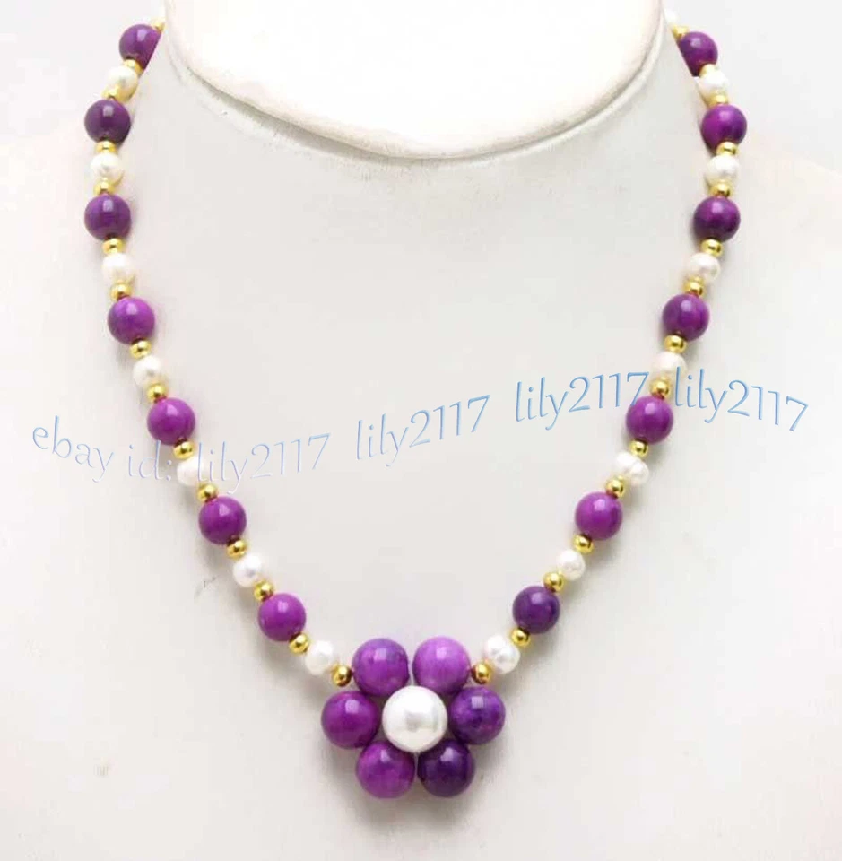 Collar colgante natural de 6-7 mm de perlas blancas de 8 mm de sugilita púrpura gemas redondas de 17"" Foto 1 de 4