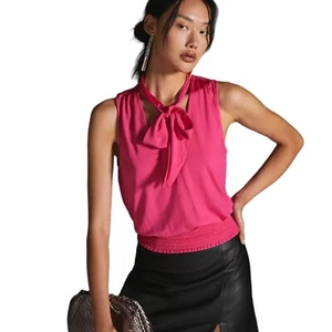 Anthropologie Ruffle Bow Tie Neck Raspberry Pink Sleeveless Blouse Size XSmall - Picture 1 of 3