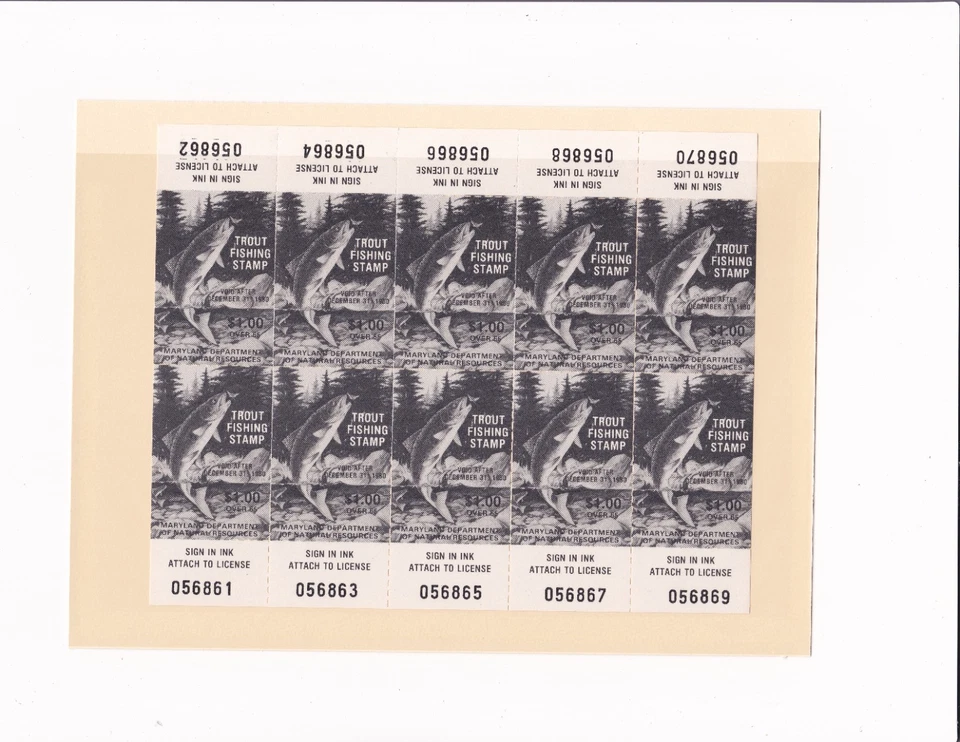 1980 Maryland Trout Stamp with Tabs #26 Senior Sheet of 10 - Image 1 of 1