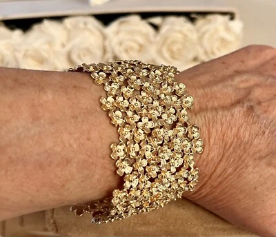 18 carat Gold plated Wide Cuff Daisy Flowers Adjustable Bracelet- 1.75” Wide - Image 1 of 4