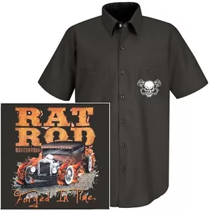 HOT STREET RAT ROD MOTORWORKS A SEDAN RACE CAR SKULL FLAMES MECHANIC WORK SHIRT - Picture 1 of 12