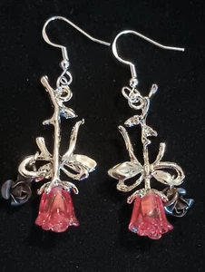 Red Rose on Silver Tone Stem W/ Black Rose Accent Earrings - Picture 1 of 1
