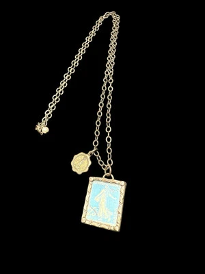 Collar de cadena ovalada colgante sello Francia plata esterlina vintage medalla María Foto 1 de 4