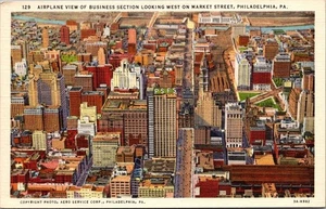 PHILADELPHIA, Pennsylvania PA Business Section birds eye view linen Postcard - Picture 1 of 2