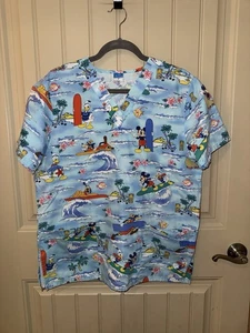 Disney Mickey Mouse & Donald Duck Hawaiian Tiki Themed Scrub Top Medium Nurse - Picture 1 of 4