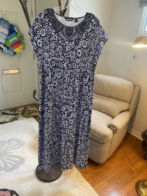 Vestido maxi Land’s End azul marinho estampa floral algodão manga curta XLP/18 54”L - Imagem 1 de 4