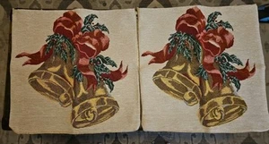 Gold Holiday Bells W/ Red Bow, Holly Leaf Tapestry SET OF 2 Pillow Covers 17x17" - Picture 1 of 7
