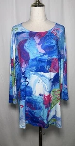 Ali Miles Women Tunic Blouse Shirt Top 2X Drop Shoulder Short Sleeve Art Blue - Picture 1 of 13